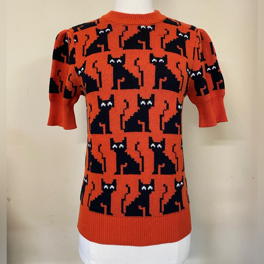 ModCloth Halloween Orange Short Sleeve Sweater with Spooky Black Cats